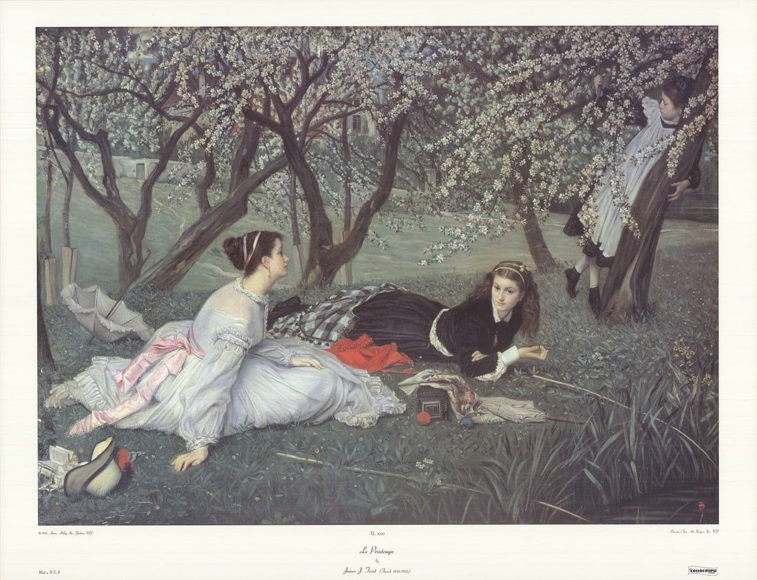 Le Printemps Offset Lithograph 1990 by JAMES J. TISSOT 25.75" x 33.25": Le Printemps Offset Lithograph 1990 by JAMES J. TISSOT 25.75" x 33.25" James J. Tissot's offset lithograph 'Le Printemps' from 1990 measures 25.75" x 33.25" and is in near mint condition with very lig