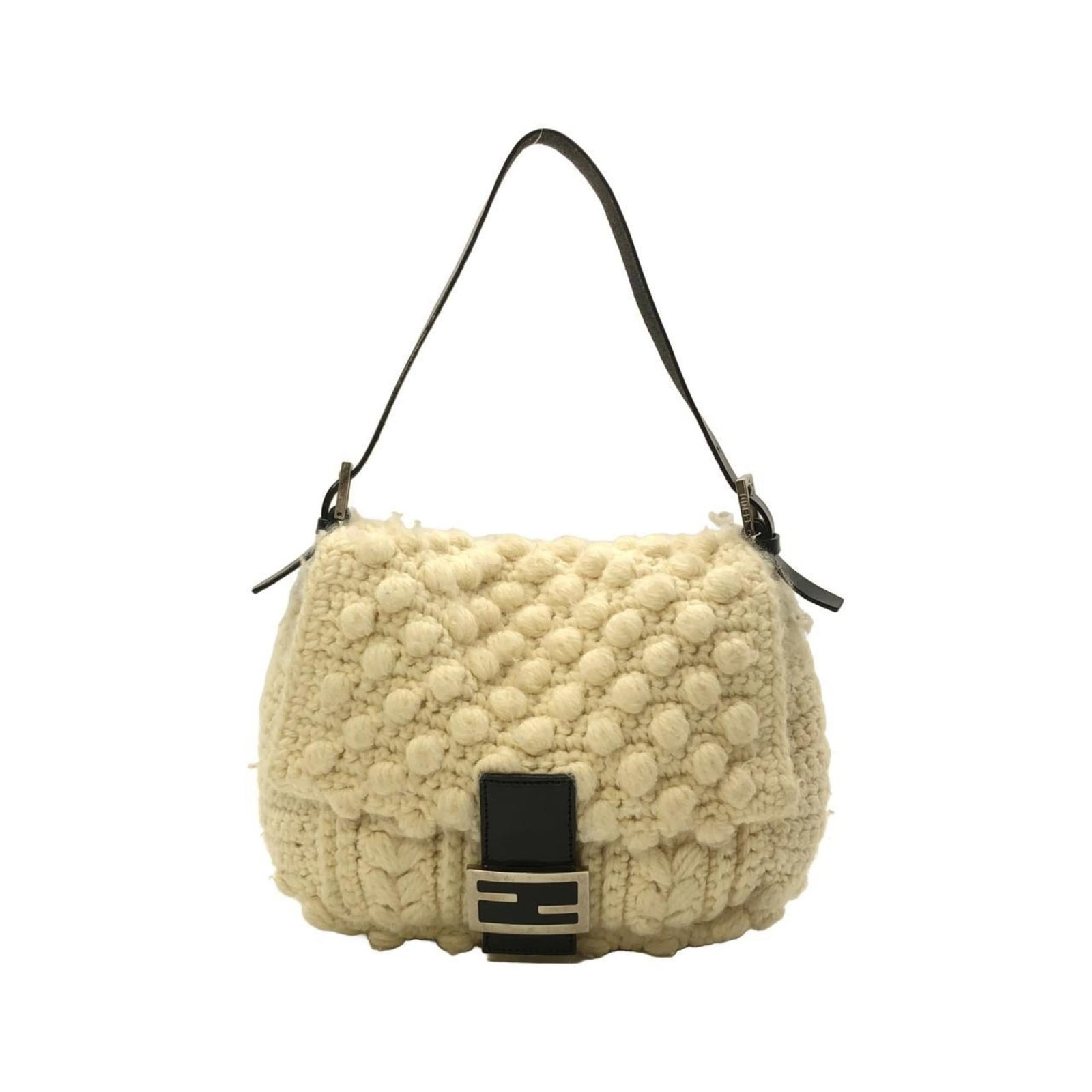 Fendi Knit Shoulder Bag: Fendi Knit Shoulder Bag Fendi Knit Shoulder Bag is an ivory knit shoulder bag with silver hardware, sized at 22cm x 30cm x 10cm, and is in very good used condition with minor traces of usage. Item Spe
