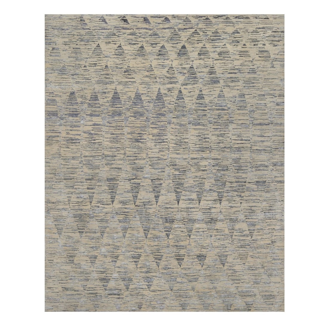 Circular 8'1"x10' Ivory Hand Knotted RugNatural Undyed Wool Repetitive: Circular 8'1"x10' Ivory Hand Knotted RugNatural Undyed Wool Repetitive This modern hand-knotted rug measures 8'1" x 10' (246 cm x 305 cm) and is made of natural undyed wool, featuring an ivory geometr