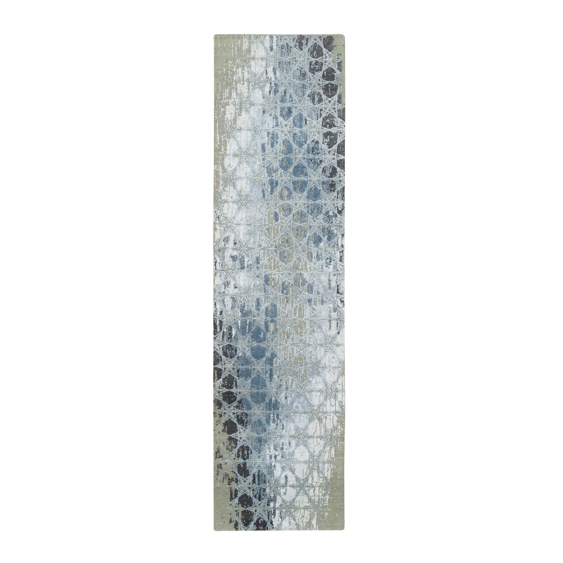 Gray Hand Knotted Wool and Silk Runner Rug 2'6"x10" THE HONEYCOMB Design: Gray Hand Knotted Wool and Silk Runner Rug 2'6"x10" THE HONEYCOMB Design This 2'6" x 10' hand-knotted runner rug features a modern honeycomb design in grey wool and silk, crafted in India for indoor u