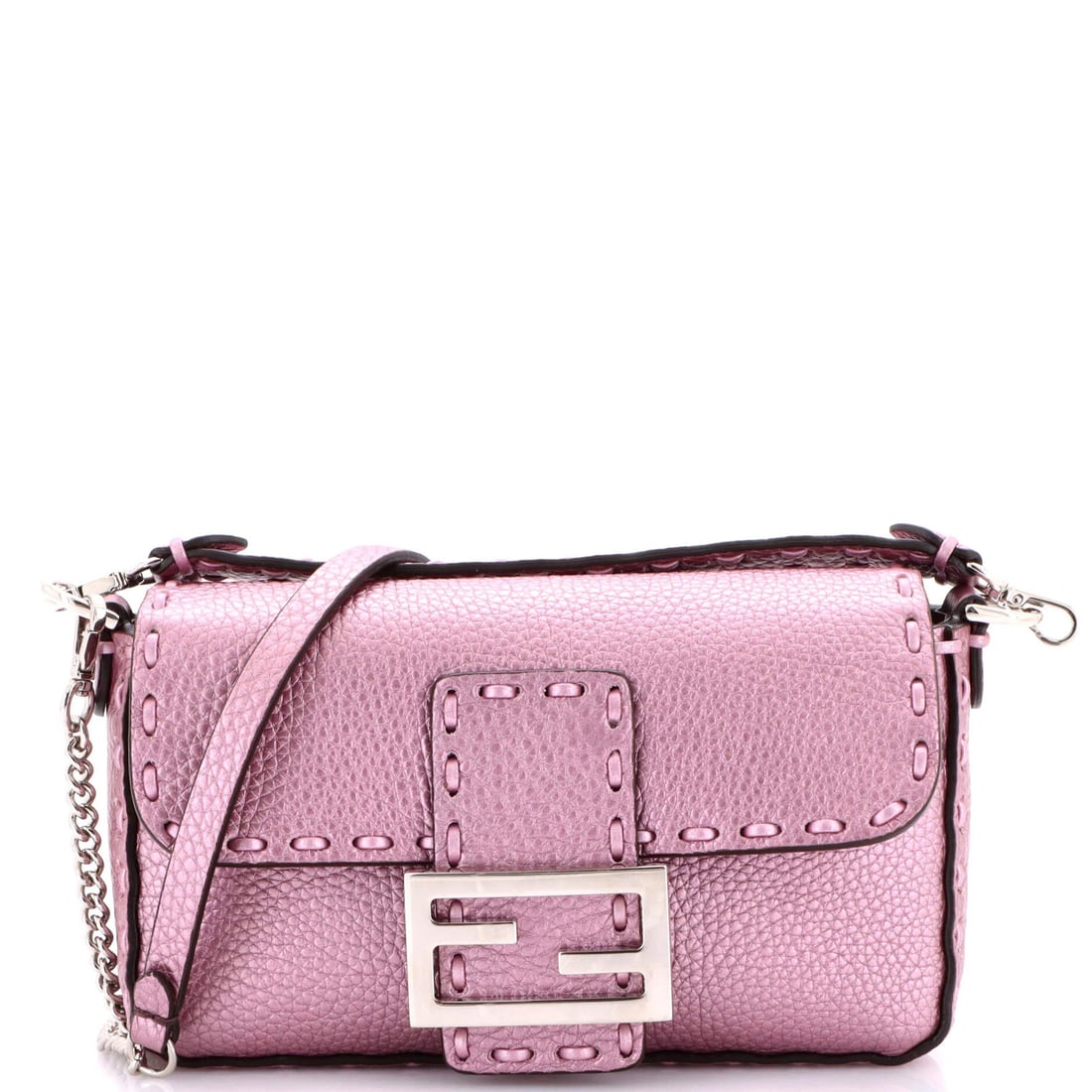 Fendi Mini Selleria Baguette Bag Leather: Fendi Mini Selleria Baguette Bag Leather Fendi mini Selleria baguette bag in purple leather, measuring 4.5" height, 8" width, and 2" depth, in great condition with minor signs of use. Item Specifics: