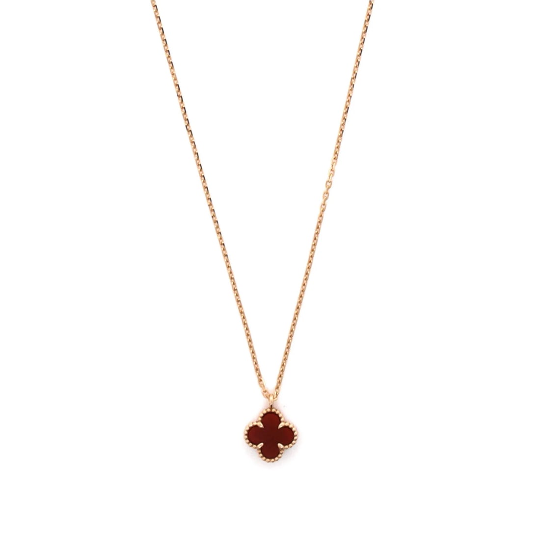 Van Cleef & Arpels Sweet Alhambra Pendant Necklace in 18K Rose Gold and Carnelian: Van Cleef & Arpels Sweet Alhambra Pendant Necklace in 18K Rose Gold and Carnelian Van Cleef & Arpels Sweet Alhambra pendant necklace crafted in 18K rose gold featuring a carnelian stone, with lengths
