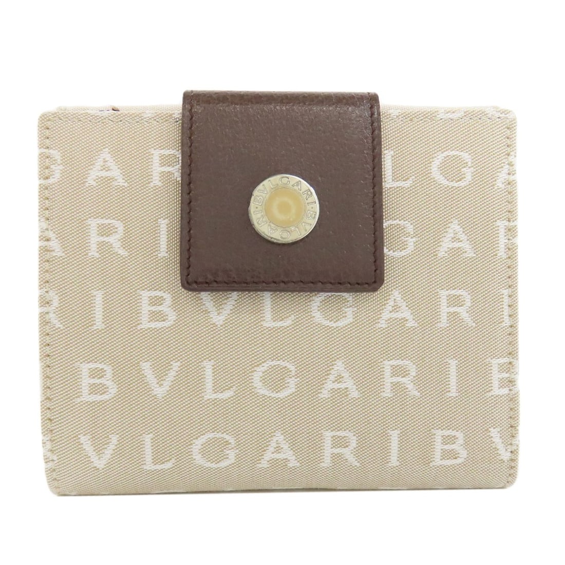 BVLGARI Logo Mania Bifold Wallet with Coin Pocket Canvas: BVLGARI Logo Mania Bifold Wallet with Coin Pocket Canvas BVLGARI Canvas Bifold Wallet with Coin Pocket in beige and brown, made in Italy, exhibits minor signs of use. Item Specifics: Brand: BVLGARI