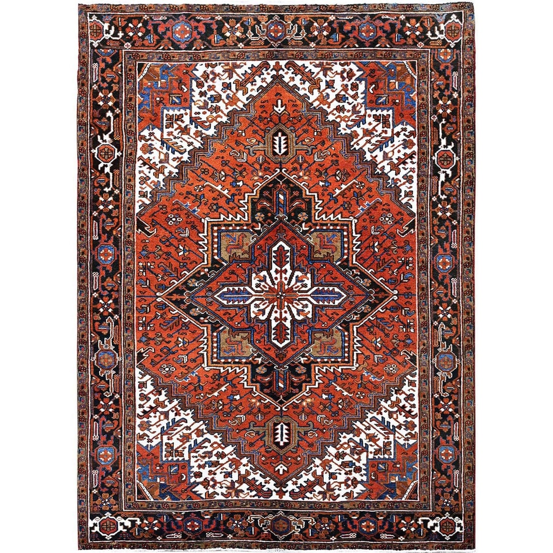 Rug 6'10"x9'7" Orange Vintage Zoroastrian Heris All Wool Hand Knotted Clean: Rug 6'10"x9'7" Orange Vintage Zoroastrian Heris All Wool Hand Knotted Clean Orange vintage Zoroastrian Heris hand-knotted rug, measuring 6'10" x 9'7", made of wool, in clean condition with geometric