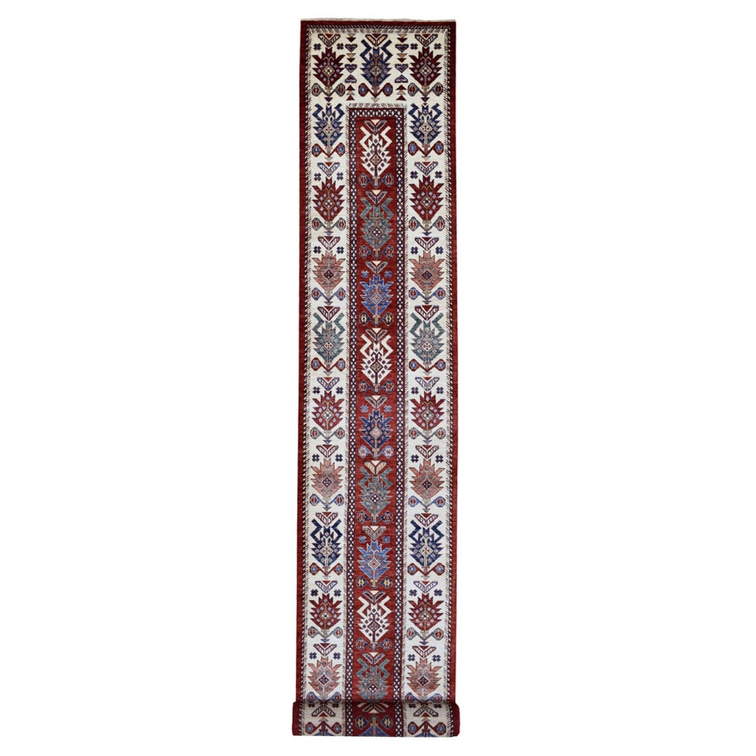 Soft Vibrant Wool Rich Red Hand Knotted 3'x25'3" Super Kazak Runner Rug (1 of 6)