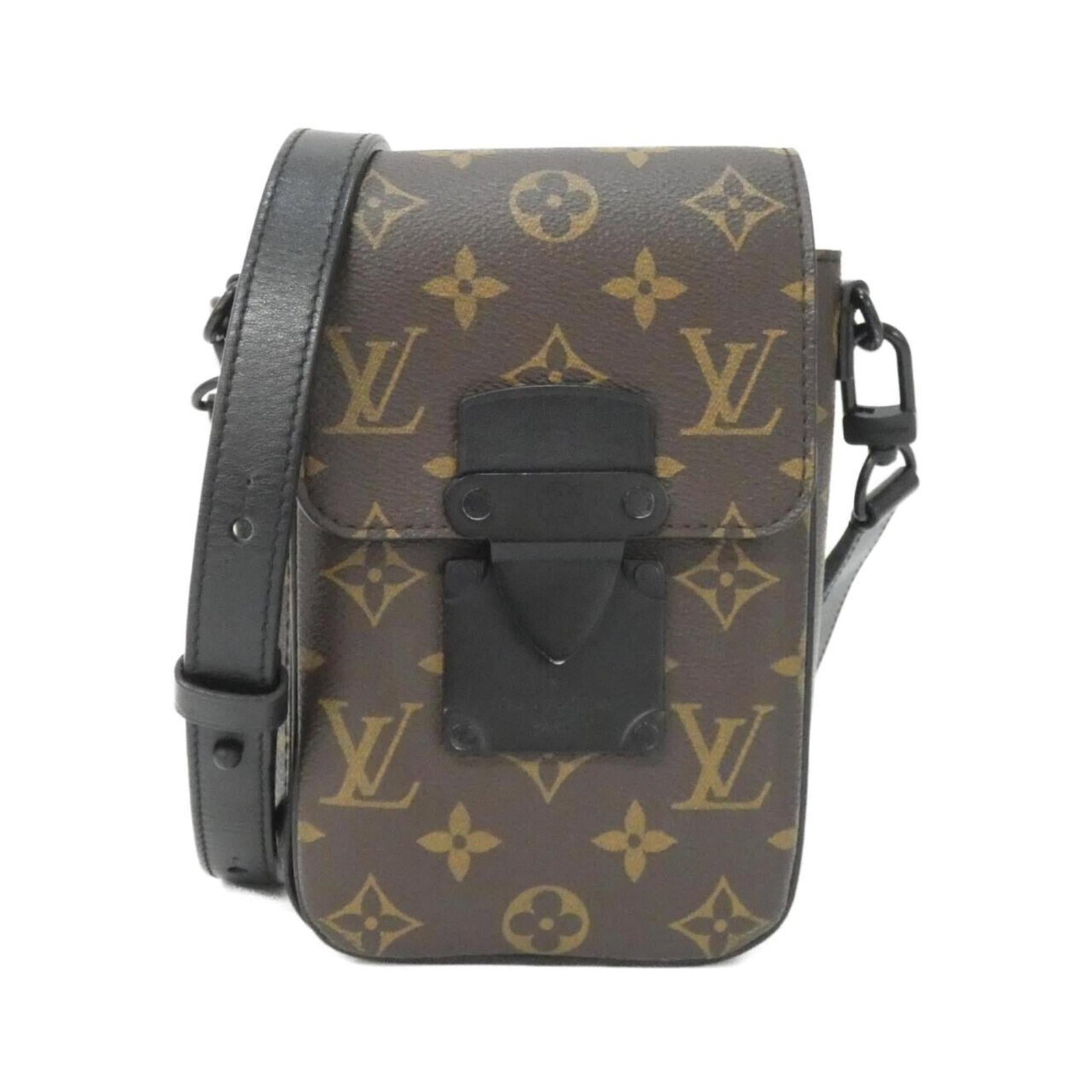 Louis Vuitton Coated Canvas Shoulder Bag: Louis Vuitton Coated Canvas Shoulder Bag Louis Vuitton's coated canvas shoulder bag features a black and marron color scheme, measures 19cm x 12cm x 7cm, and is in very good used condition. Item