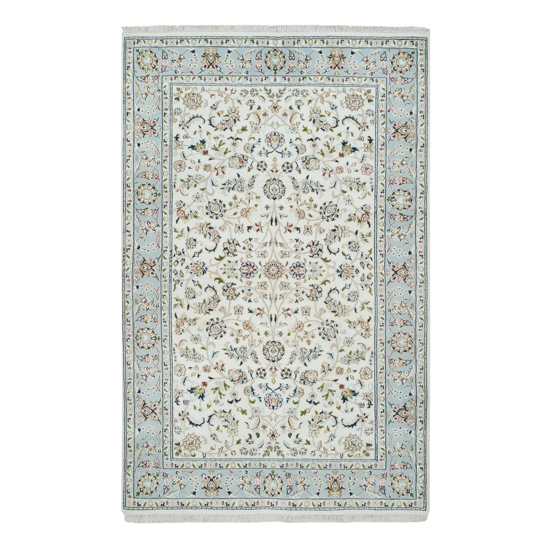 5'x8' Ivory Nain Design Hand Knotted Wool Rug 250 KPSI: 5'x8' Ivory Nain Design Hand Knotted Wool Rug 250 KPSI This 5'x8' ivory hand-knotted wool rug features a Nain design and has a 250 KPSI count. Item Specifics: Type: Indoor Material: 100% Wool Color: