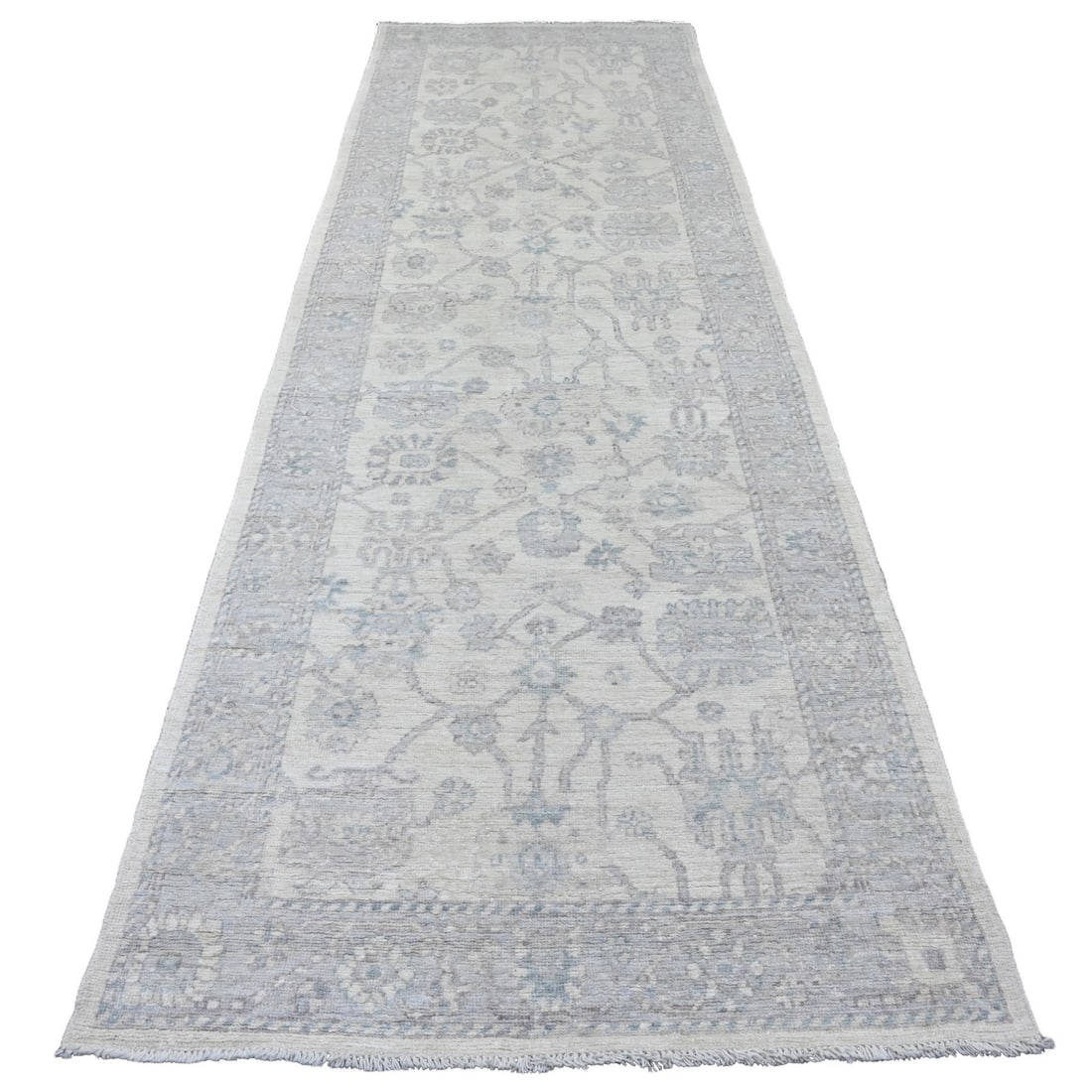 Rug 4'x12'2" White Angora Oushak Vines Design Hand Knotted Wool Runner: Rug 4'x12'2" White Angora Oushak Vines Design Hand Knotted Wool Runner Measuring 4' x 12'2", this hand-knotted ivory Angora Oushak runner features an oriental vines design and is made from wool,