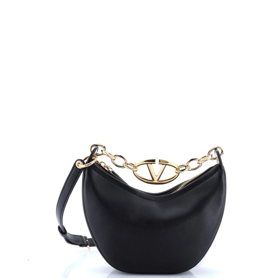 Valentino Garavani Mini Vlogo Moon Hobo Leather: Valentino Garavani Mini Vlogo Moon Hobo Leather The Valentino Garavani Mini Vlogo Moon Hobo in black leather measures 5" in height and 8" in width, in great condition with minor scuffs and creases. 