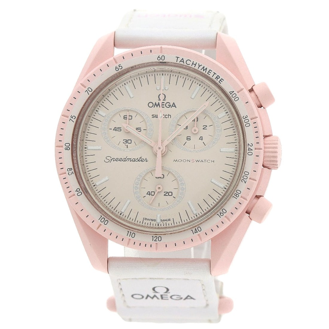 Swatch Omega Mission to Venus Watches SO33P100 Ceramic/ Nylon Collaboration: Swatch Omega Mission to Venus Watches SO33P100 Ceramic/ Nylon Collaboration This Swatch Omega Mission to Venus wristwatch features a pink ceramic and nylon design, utilizing a quartz movement,
