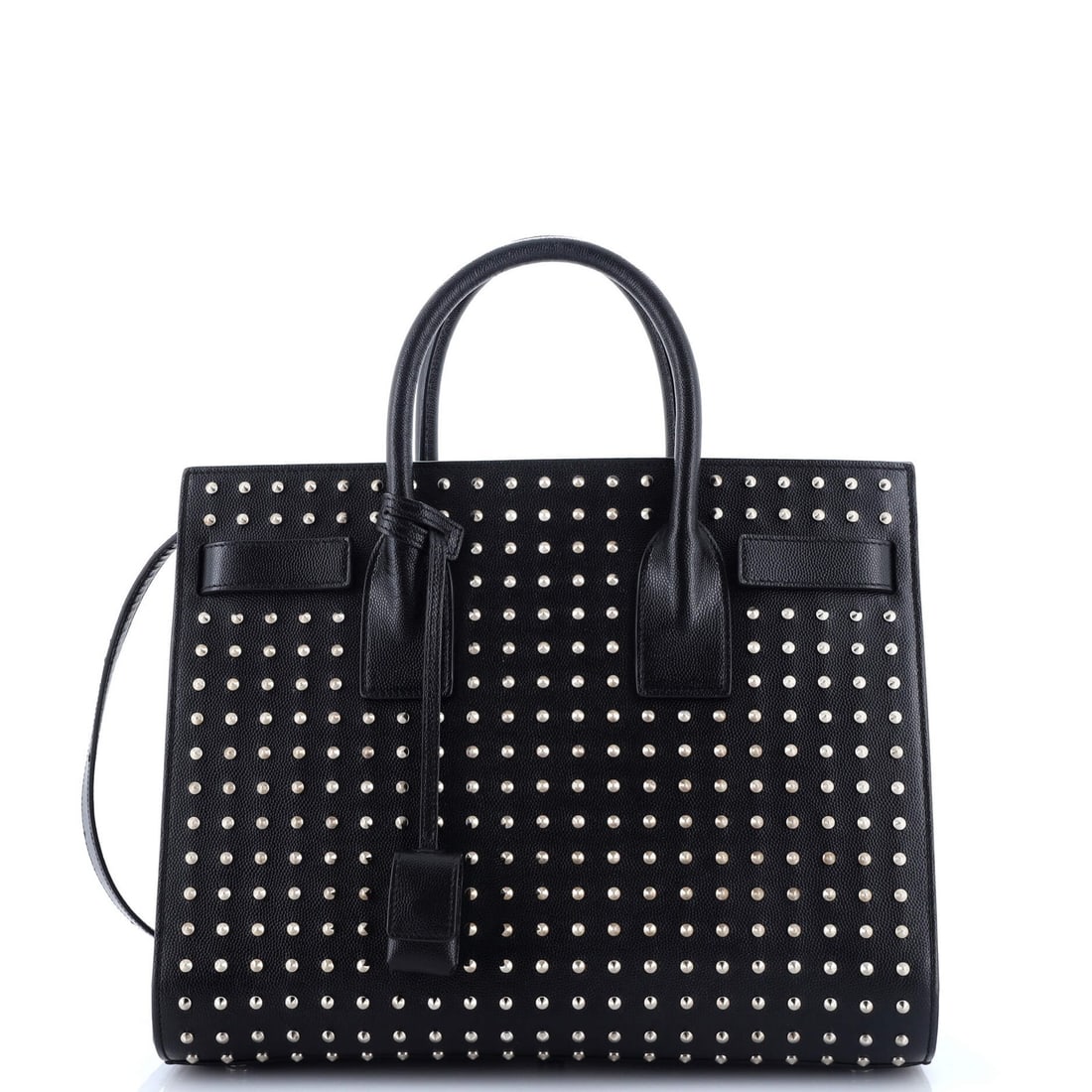 Saint Laurent Small Sac de Jour Bag Studded Leather: Saint Laurent Small Sac de Jour Bag Studded Leather This Saint Laurent Small Sac de Jour bag is made of black leather with suede interior and features silver hardware. It has dimensions of 10"