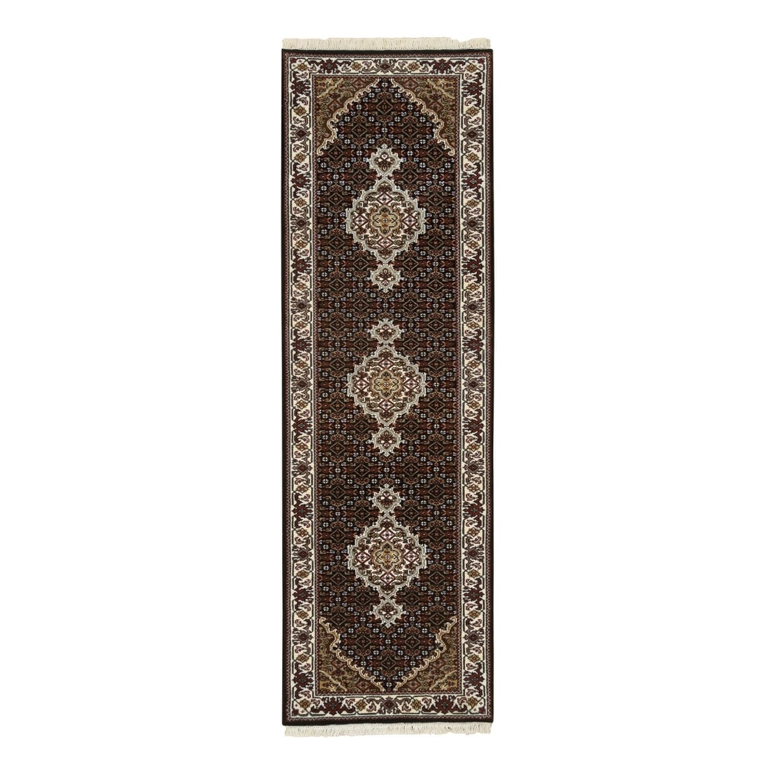 Rug 2'x8'1" Black Tebraz Mahi 175 KPSI Pure Wool Hand Knotted Runner: Rug 2'x8'1" Black Tebraz Mahi 175 KPSI Pure Wool Hand Knotted Runner This black hand-knotted wool runner rug measures 2'0" x 8'1" and features an oriental design with a black field color and ivory
