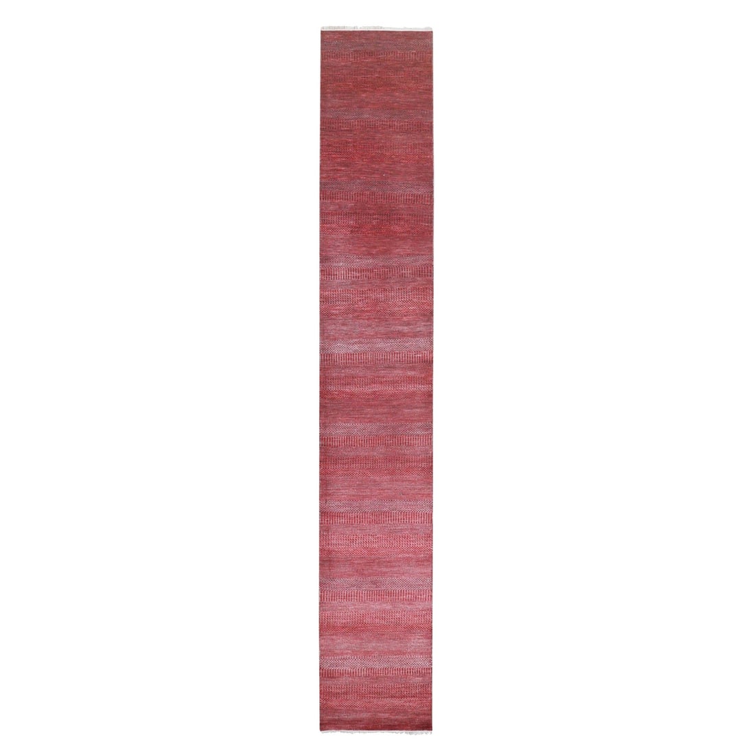 Hand Knotted Wool and Silk Runner Rug 2'6"x16'3" Red Modern Grass Design: Hand Knotted Wool and Silk Runner Rug 2'6"x16'3" Red Modern Grass Design Hand knotted wool and silk runner rug measuring 2'6" x 16'3" in red with a modern grass design, featuring a cotton foundation f