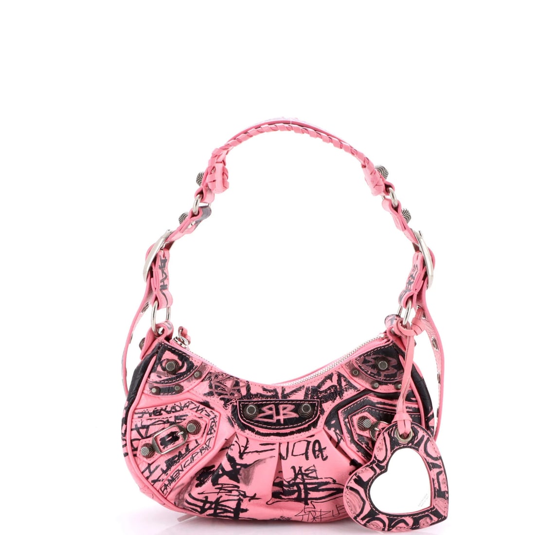 Balenciaga Le Cagole Graffiti Shoulder Bag Leather XS with Giant Studs: Balenciaga Le Cagole Graffiti Shoulder Bag Leather XS with Giant Studs Balenciaga Le Cagole Graffiti Shoulder Bag in pink leather XS, featuring giant studs, measures 5.5" height, 9.5" width, and 3"