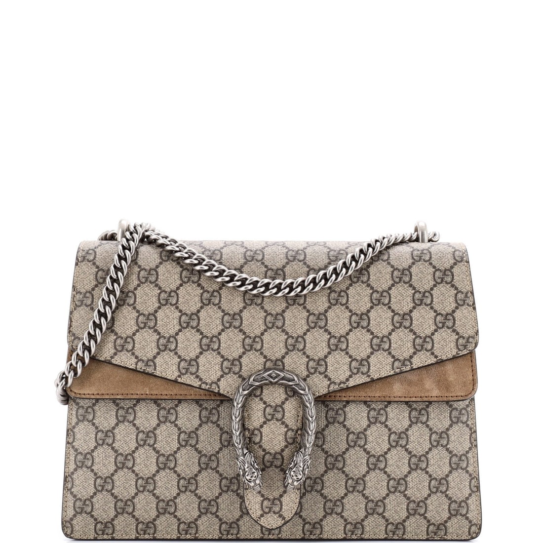 Gucci Medium Dionysus Bag GG Coated Canvas: Gucci Medium Dionysus Bag GG Coated Canvas Gucci Medium Dionysus Bag GG Coated Canvas in brown, dimensions 8" height, 12" width, and 4" depth, in very good condition. Item Specifics: Brand: Gucci