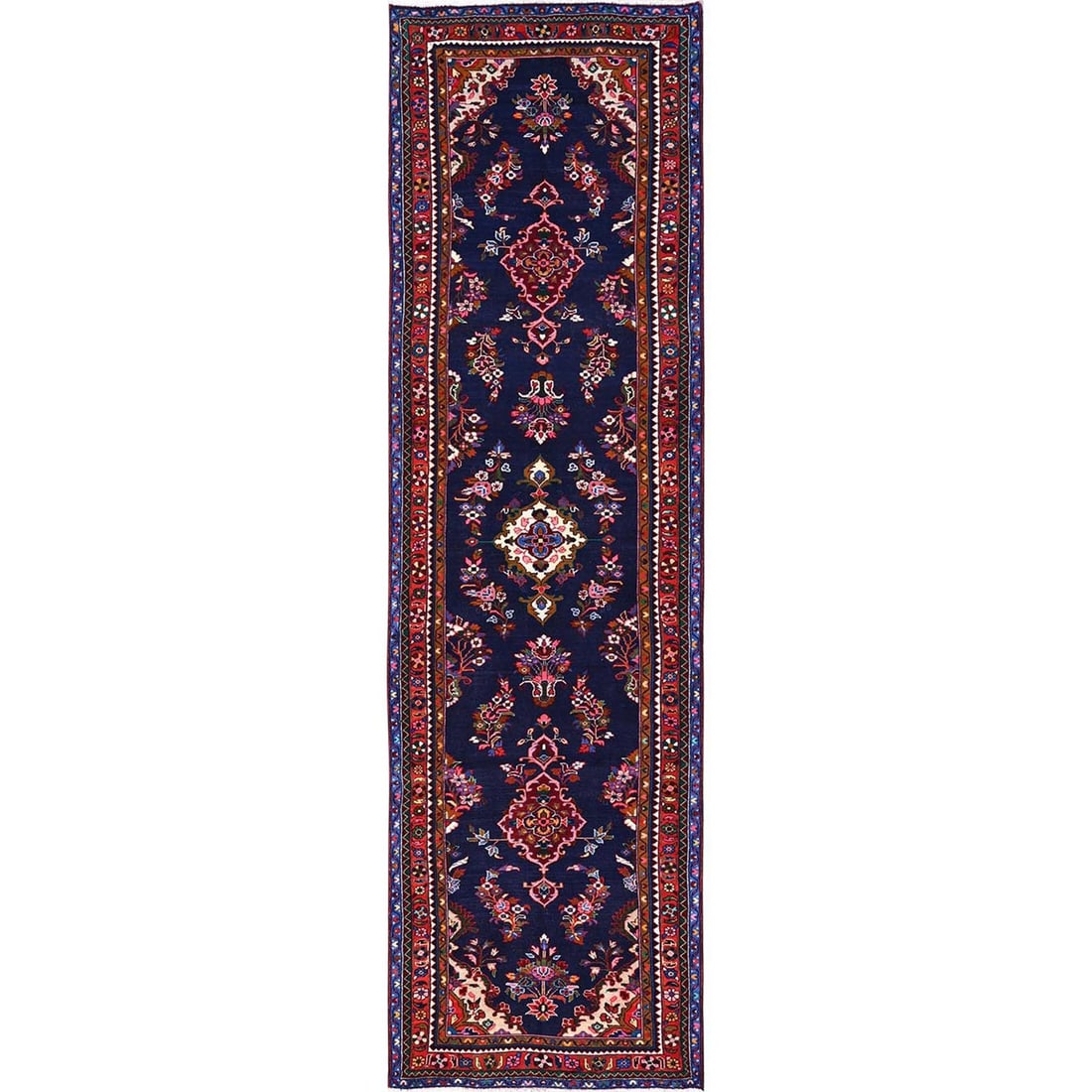 Runner 3'10"x14' Navy Blue New Zoroastrian Khamadan Pure Wool Hand Knotted: Runner 3'10"x14' Navy Blue New Zoroastrian Khamadan Pure Wool Hand Knotted Hand-knotted Zoroastrian style runner rug measuring 3'10" x 14', crafted from pure wool, featuring a navy blue color with an