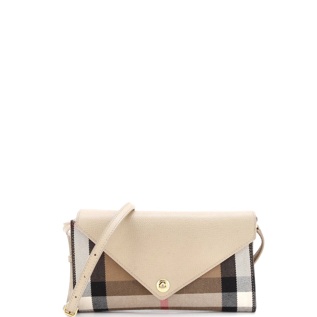 Burberry Hannah Leather Envelope Wallet on Strap with House Check Canvas: Burberry Hannah Leather Envelope Wallet on Strap with House Check Canvas Burberry Hannah leather envelope wallet on strap made from canvas and leather, measuring 5" x 8" x 1", in good condition with
