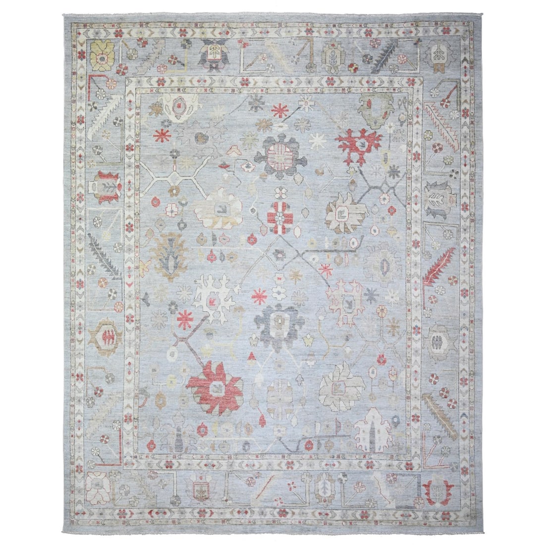 Rug 11'9"x14' Steel Gray Wool Hand Knotted Afghan Angora Oushak: Rug 11'9"x14' Steel Gray Wool Hand Knotted Afghan Angora Oushak Hand knotted Afghan Oushak rug in steel gray, sized 11'9" x 14', constructed from wool with an oriental design, aged 2000-now. Item Spec