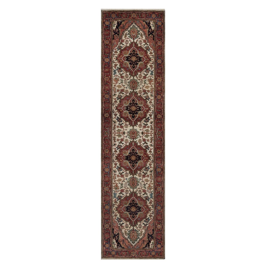 Antiqued Fine Heris Recreation 2'7"x10' Ivory Hand Knotted Wool Runner Rug (1 of 8)