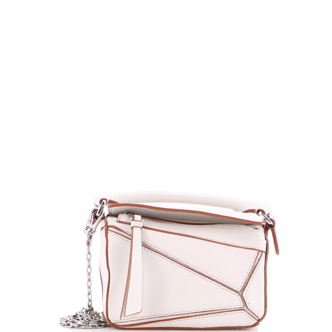 Mini Leather Loewe Puzzle Bag: Mini Leather Loewe Puzzle Bag The mini leather Puzzle bag by Loewe in white features a fabric interior and measures 4.5" in height, 6" in width, with a strap drop of 15.5-23.5". It exhibits good condi