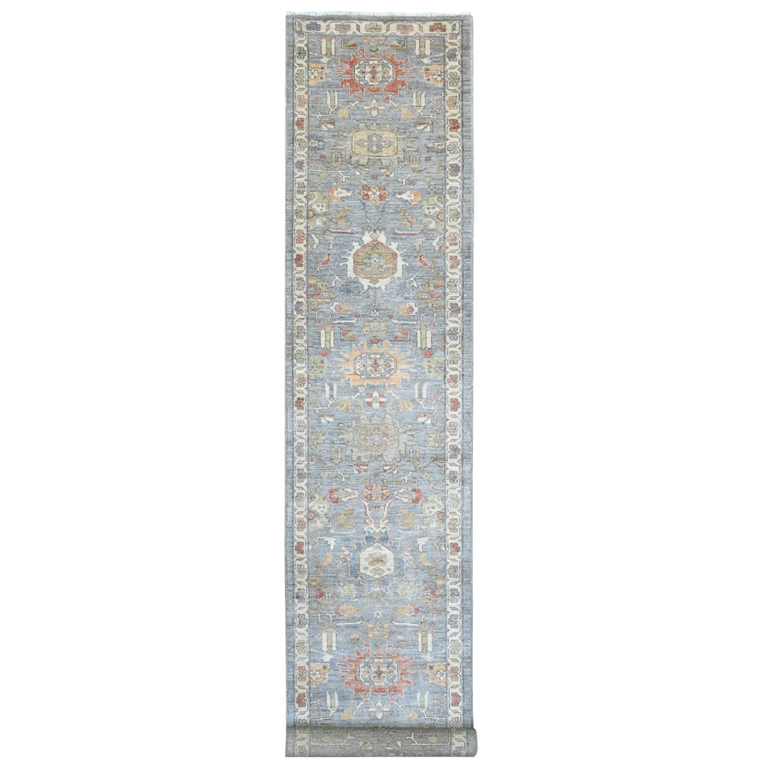 Hand Knotted XL Runner Rug 2'8"x15'6" Misty Gray Karjihooz Design: Hand Knotted XL Runner Rug 2'8"x15'6" Misty Gray Karjihooz Design This hand-knotted Karjihooz geometric runner rug, measuring 2'8" x 15'6" (81 cm x 472 cm), is made of wool in misty gray with an
