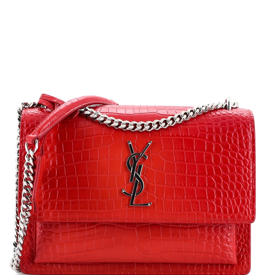 Saint Laurent Medium Sunset Crossbody Bag Crocodile Embossed Leather: Saint Laurent Medium Sunset Crossbody Bag Crocodile Embossed Leather The Saint Laurent Medium Sunset Crossbody Bag, crafted from crocodile embossed leather in red, measures 6" in height and 8.5" in wi