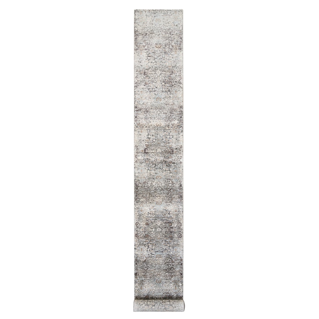 Gray Transitional Farsian Silk/ Wool 2'7"x22'3" Hand Knotted XL Runner Rug: Gray Transitional Farsian Silk/ Wool 2'7"x22'3" Hand Knotted XL Runner Rug This Gray Transitional Farsian rug is a hand-knotted wool and silk piece measuring 2'7" x 22'3" (79 CM x 678 CM), produced in