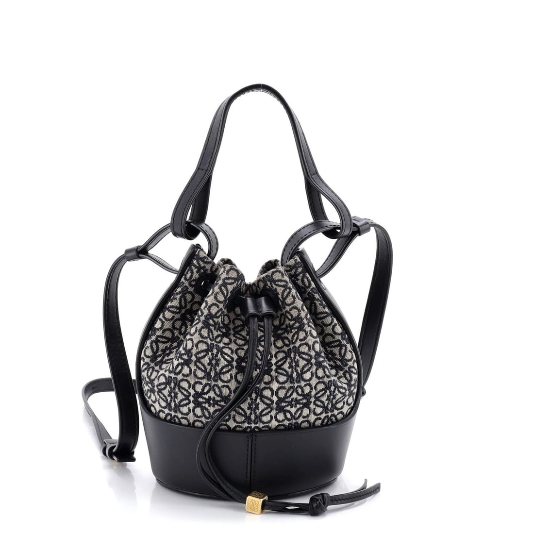 Loewe Mini Balloon Bucket Bag Anagram Canvas and Leather: Loewe Mini Balloon Bucket Bag Anagram Canvas and Leather The Loewe Mini Balloon Bucket Bag is crafted from canvas and leather in blue, measuring 7.5" in height, 5.5" in width, and 4" in depth, with