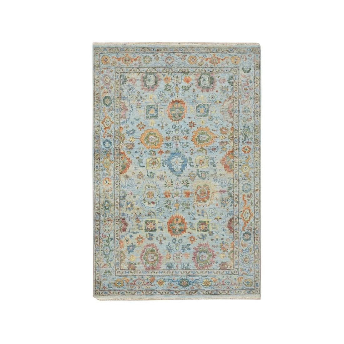 Pile 3'10"x6' Light Blue Sultanabad Reimagined Hand Knotted Pure Wool Zero: Pile 3'10"x6' Light Blue Sultanabad Reimagined Hand Knotted Pure Wool Zero The 3'10" x 6' light blue Sultanabad hand-knotted rug is crafted from pure wool, showcasing an Oushak style with an all-over