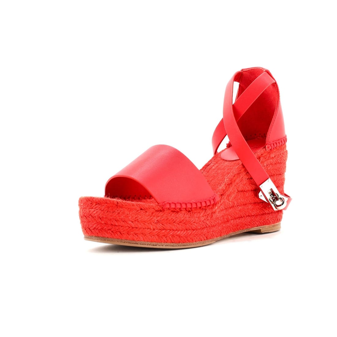 Hermes Leather Women's Tipoli Wedge Espadrille Sandals: Hermes Leather Women's Tipoli Wedge Espadrille Sandals Hermes Leather Women's Tipoli Wedge Espadrille Sandals, US size 7, in red with minor scuffs and creasing, featuring leather and jute materials. 