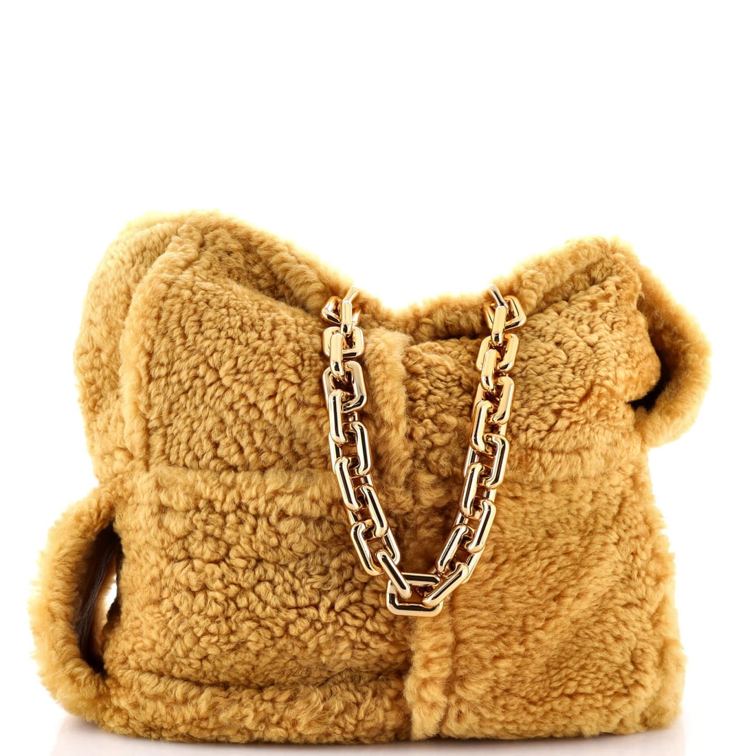 Bottega Veneta Intrecciato Shearling The Chain Tote: Bottega Veneta Intrecciato Shearling The Chain Tote Bottega Veneta The Chain Tote in yellow shearling with leather interior, featuring a 9" handle drop, height of 16", width of 17", and depth of 8".