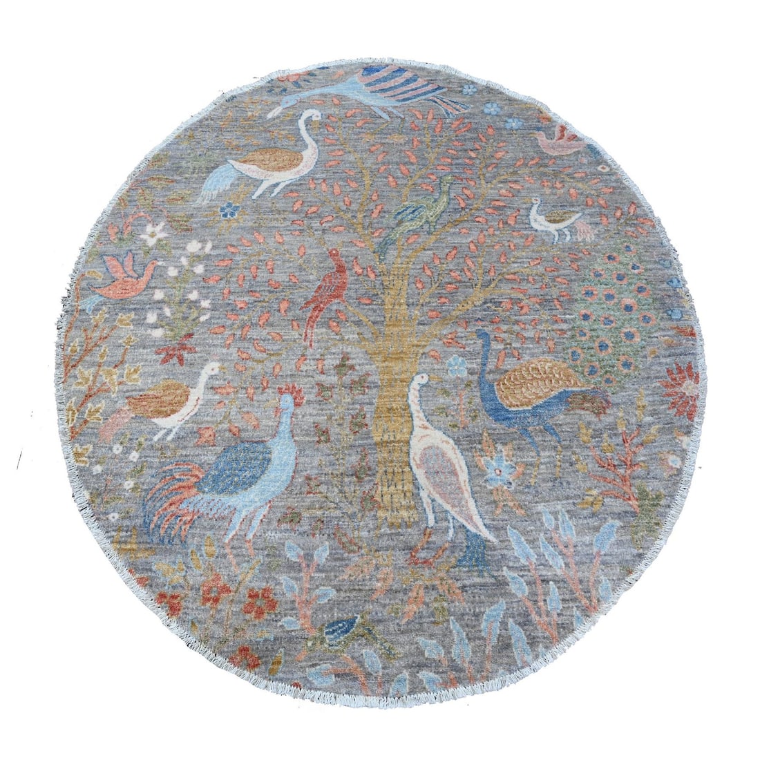 Daphne Gray 5'x5' Hand Knotted Peshawar Birds of Paradise Wool Round Rug (1 of 6)