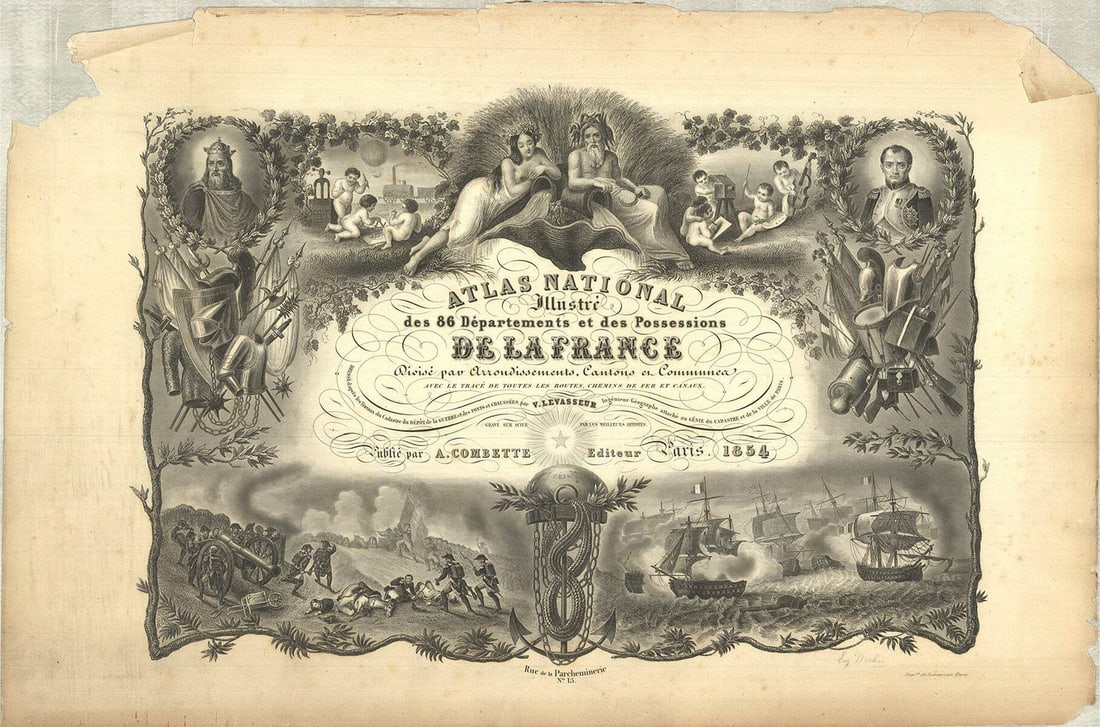 VICTOR LEVASSEUR Illustrated Atlas of 86 Departments and Possession: VICTOR LEVASSEUR Illustrated Atlas of 86 Departments and Possession Victor Levasseur's National Illustrated Atlas of the 86 Departments and Possessions of France, a lithograph from 1846, featuring pap