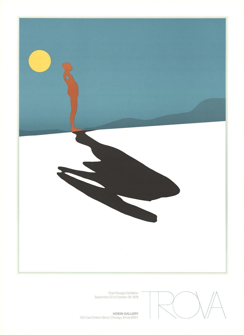 White ERNEST TROVA Male Figure & Shadow 34.5" x 25" Poster 1991 Pop Art Blue: White ERNEST TROVA Male Figure & Shadow 34.5" x 25" Poster 1991 Pop Art Blue 1991 offset lithograph 'Male Figure & Shadow' by Ernest Trova, measuring 34.5" x 25" with a mint condition, not signed, fro