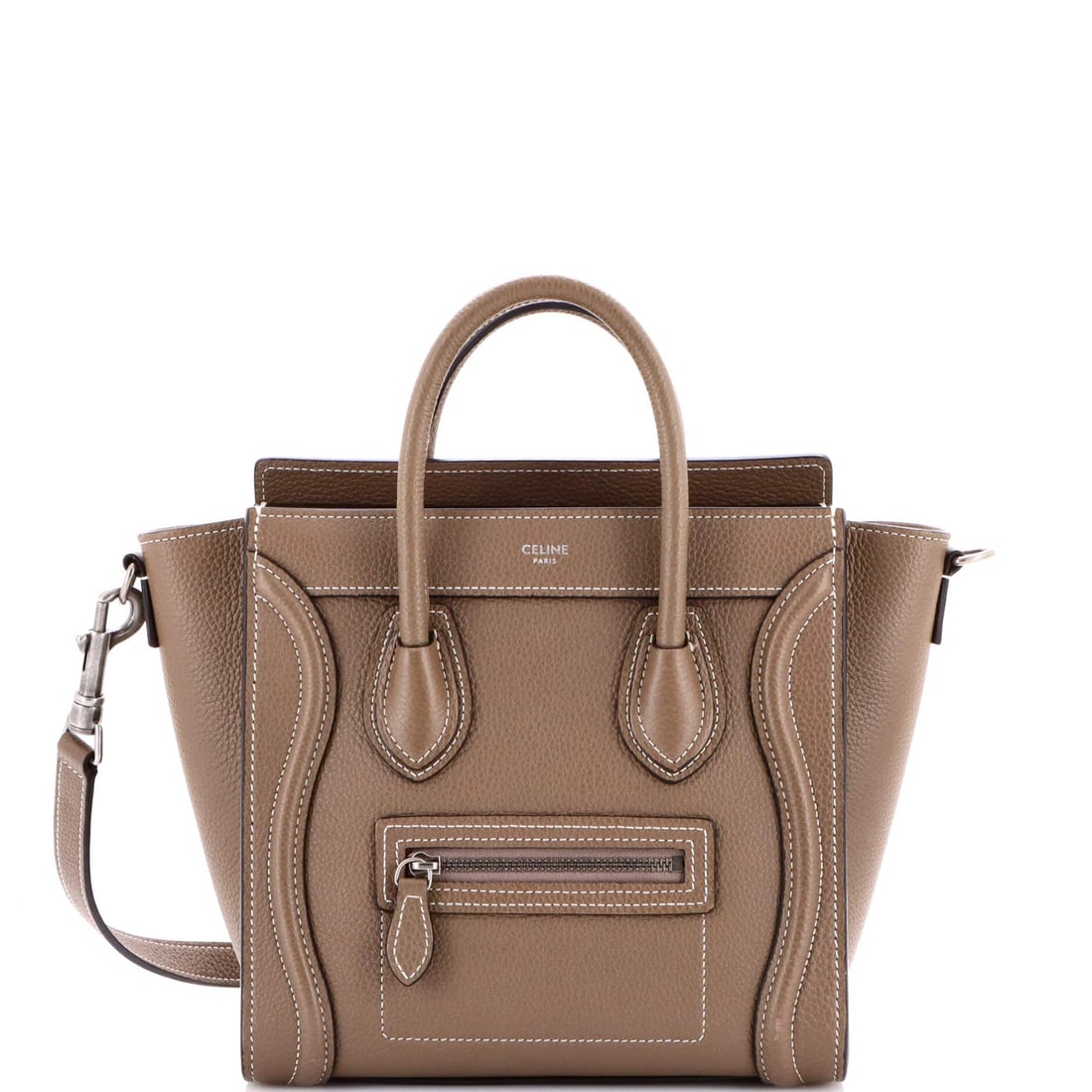 Grainy Leather Nano Celine Luggage Bag: Grainy Leather Nano Celine Luggage Bag The Celine Nano Luggage Bag is made of grainy leather in brown, featuring a 3" handle drop and a 19" strap drop, in very good condition despite some exterior