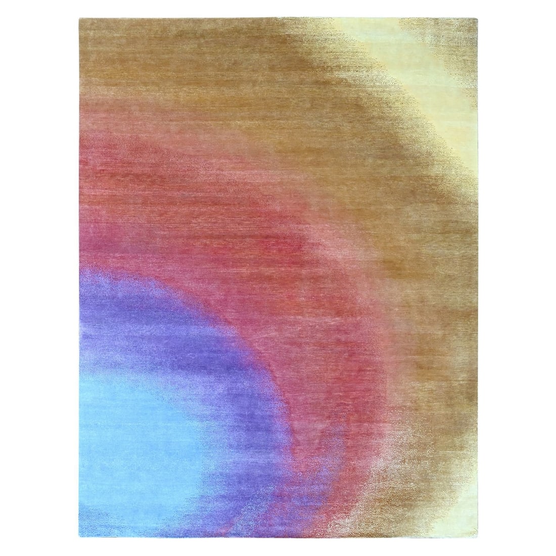 Modern Gradation Design Wool Hand Knotted Rug 9'x11'10": Modern Gradation Design Wool Hand Knotted Rug 9'x11'10" This modern hand-knotted wool rug measures 9' x 11'10" and features a multicolored design with no border, originating from India and made