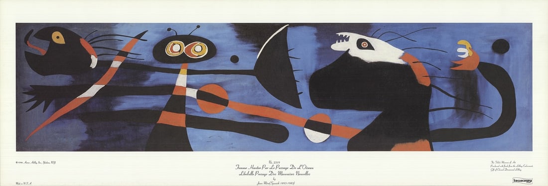 JOAN MIRO Femme Hantee par le passage de l'Oiseau Offset Lithograph 12" x 35" 19: JOAN MIRO Femme Hantee par le passage de l'Oiseau Offset Lithograph 12" x 35" 19 Joan Miro's 'Femme Hantee par le passage de l'Oiseau' offset lithograph from 1996, paper size 12 x 35 inches, condition