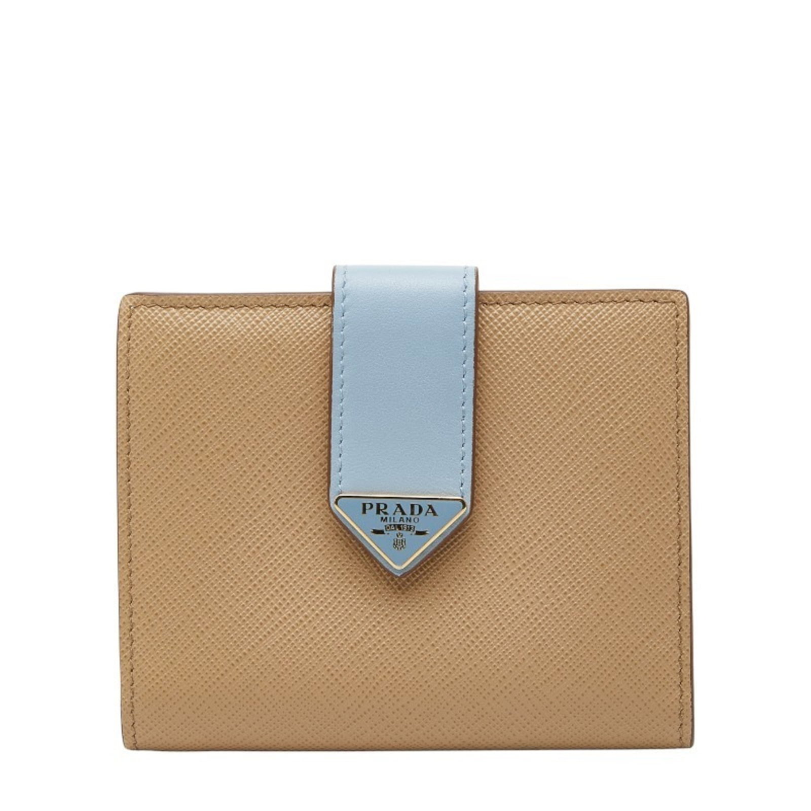 Prada Saffiano Bi-Fold Wallet: Prada Saffiano Bi-Fold Wallet Beige and blue saffiano leather bi-fold wallet by Prada, measuring 11cm x 9cm x 1.5cm, in good condition with minor signs of wear. Item Specifics: Brand: Prada Type: