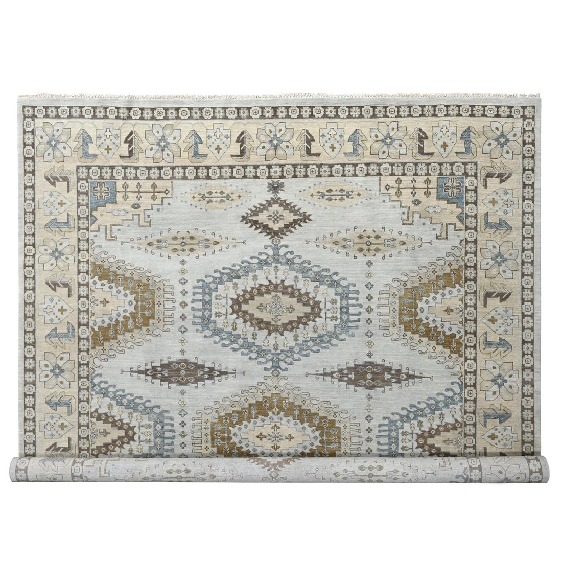Gray 10'x10' Hand Knotted Zoroastrian Village Geometric Rug: Gray 10'x10' Hand Knotted Zoroastrian Village Geometric Rug This hand-knotted Zoroastrian geometric rug measures 10'0" x 10'2" and is made from wool, featuring a grey field color and an ivory border.