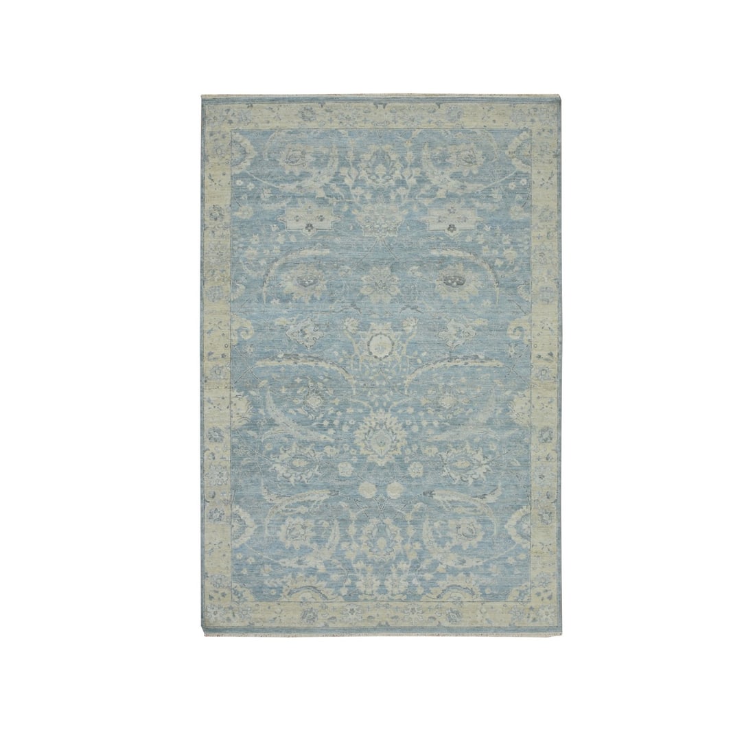 Rug 6'x9'1" Yonder Blue Pure Wool Sickle Leaf Design Hand Knotted Oriental: Rug 6'x9'1" Yonder Blue Pure Wool Sickle Leaf Design Hand Knotted Oriental This hand-knotted Oriental rug measures 6'0" x 9'1" (183 cm x 277 cm), features a blue field color with a sickle leaf