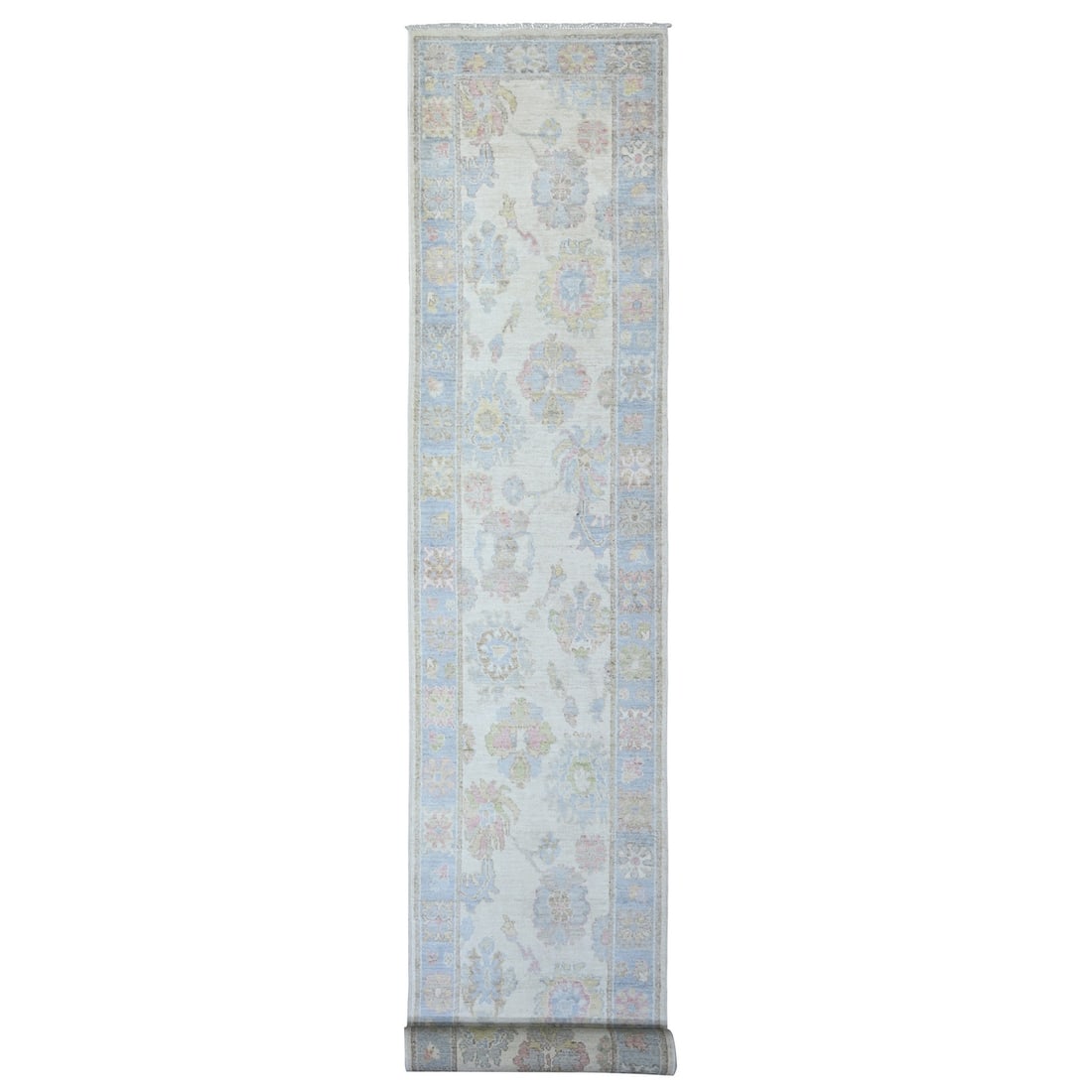 Rug 2'8"x19'1" Ivory Wool Hand Knotted Afghan Angora Oushak XL Runner: Rug 2'8"x19'1" Ivory Wool Hand Knotted Afghan Angora Oushak XL Runner Hand knotted Afghan Oushak runner rug made of ivory wool, measuring 2'8" x 19'1" (81 cm x 582 cm), featuring an oriental pattern