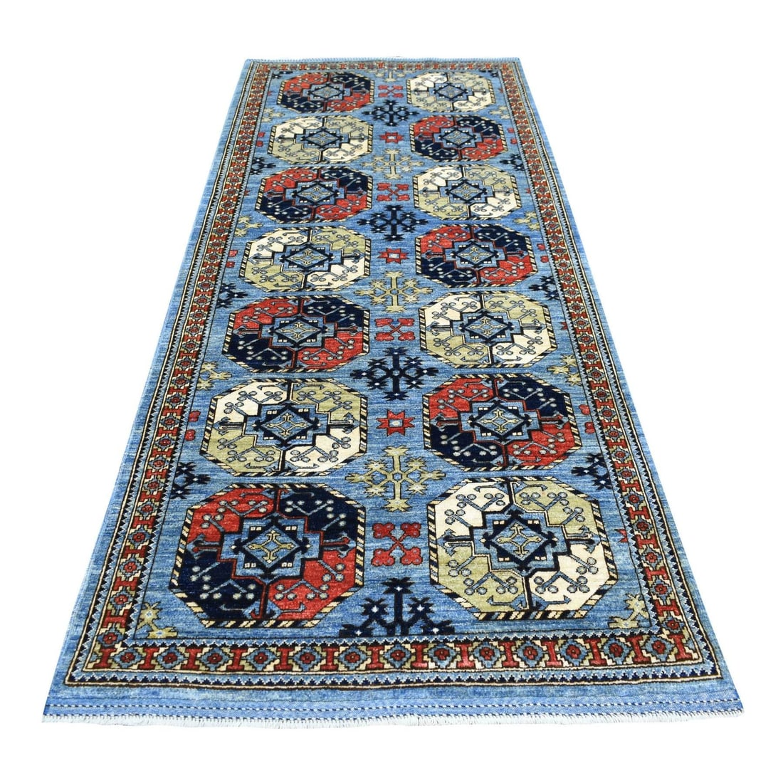 Rug 4'1"x9'9" Extra Soft Wool Hand Knotted Blue Afghan Ersari Wide Runner: Rug 4'1"x9'9" Extra Soft Wool Hand Knotted Blue Afghan Ersari Wide Runner Hand knotted Afghan runner rug in blue wool, measuring 4'1" x 9'9" (117 cm x 49 cm), featuring an oriental design and