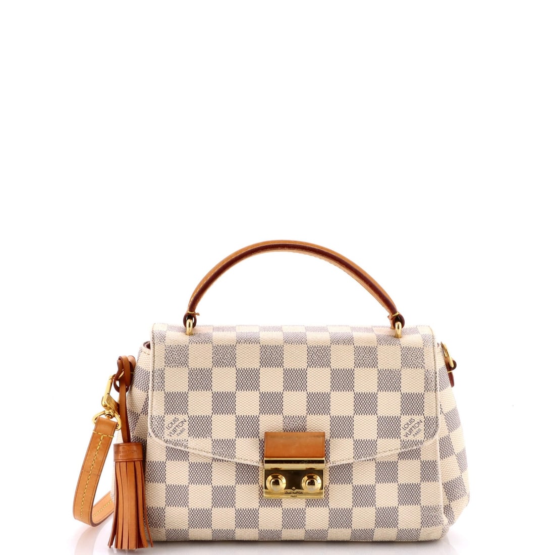 Damier Louis Vuitton Croisette Handbag: Damier Louis Vuitton Croisette Handbag The Louis Vuitton Croisette Handbag is made from coated canvas in white with a pink fabric interior, measuring 7" height, 9" width, and 4" depth. It is in good c