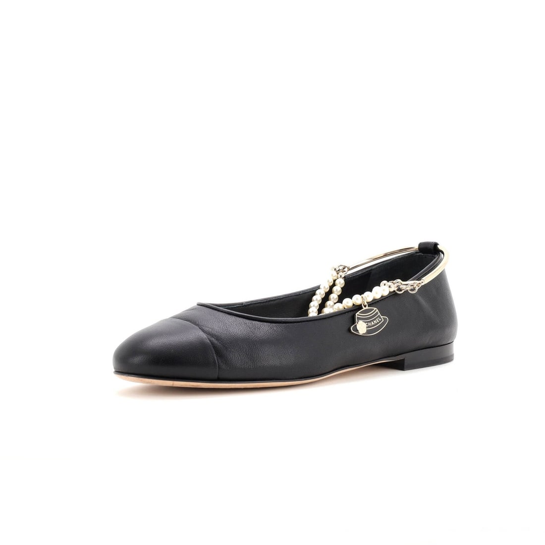 Chanel Leather Ballerina Flats with Faux Pearls Ankle Chain Cap Toe (1 of 5)