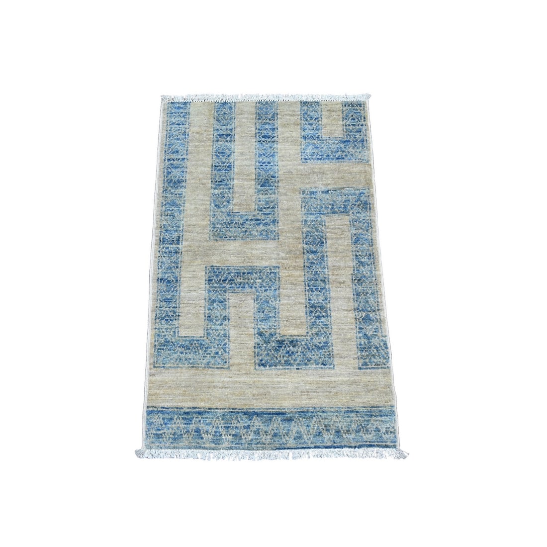 Blue and Ivory Geometric Design Wool Hand Knotted Oriental Rug 2'x3'1" (1 of 6)