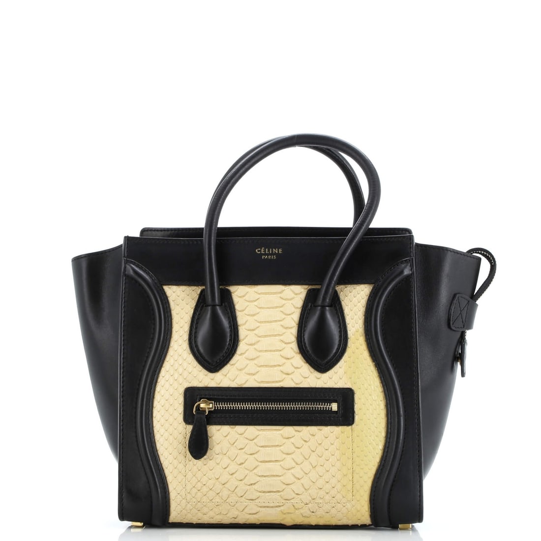 Micro Python and Leather Luggage Bag by Celine: Micro Python and Leather Luggage Bag by Celine Celine Micro Luggage Bag crafted from black python and leather features a micro size with dimensions of 10.5" W x 10" H x 5" D and a handle drop of 5". I