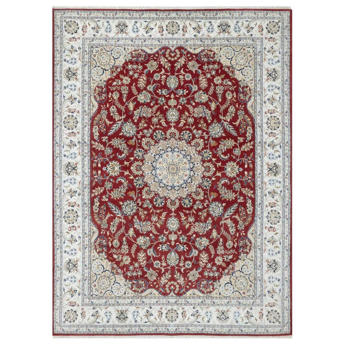 Falu Red Nain Design Hand Knotted Pure Wool Rug 8'9"x12' 250 KPSI: Falu Red Nain Design Hand Knotted Pure Wool Rug 8'9"x12' 250 KPSI Falu Red Nain Design Hand Knotted Pure Wool Rug, measuring 8'9" x 12' (144" x 105"), is made of 100% wool and is designed for indoor