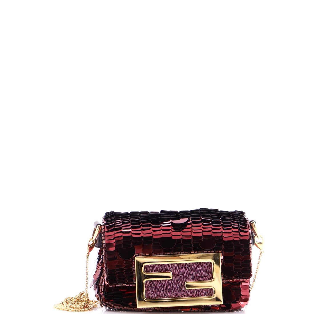 Fendi Nano Sequins Chain Baguette Charm Bag: Fendi Nano Sequins Chain Baguette Charm Bag The Fendi Nano Sequins Chain Baguette Charm Bag is a small good made of sequins in red, measuring 2.5" height, 4" width, and is in great condition with mino