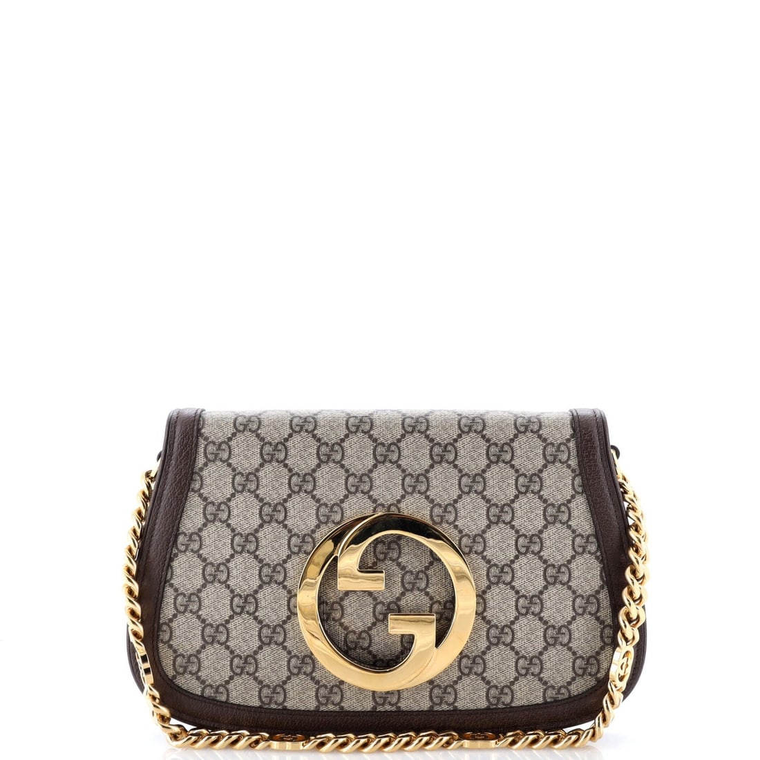 Gucci Blondie Small Chain Flap Bag GG Coated Canvas: Gucci Blondie Small Chain Flap Bag GG Coated Canvas The Gucci Blondie Small Chain Flap Bag is a brown coated canvas shoulder bag measuring 6.5" in height and 11" in width, in great condition with mino