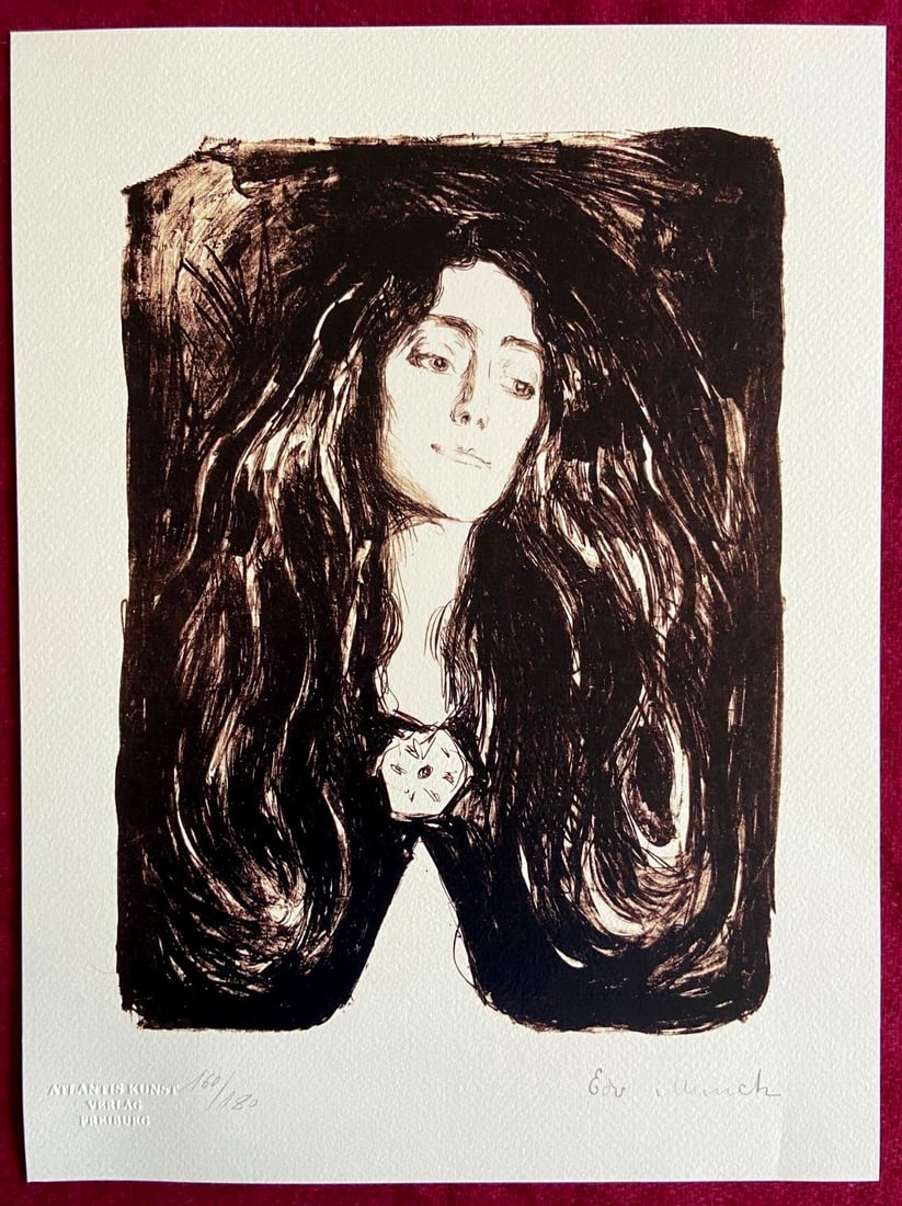 Edvard Munch Lithograph Limited Edition, Hand-Numbered, COA Signature: Edvard Munch Lithograph Limited Edition, Hand-Numbered, COA Signature Edvard Munch's "The Violation" lithograph, printed in 1978, measures 30 x 40 cm and is one of 180 hand-numbered specimens with his